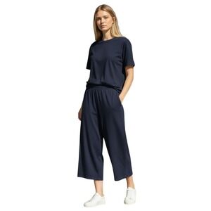 Aecupper Womens Wide Leg Pants Elastic Waist Pull On Pockets Navy Cotton 3XL NWT